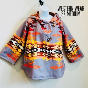 Women western Aztec print multi color jacket hooded with front button Sz medium